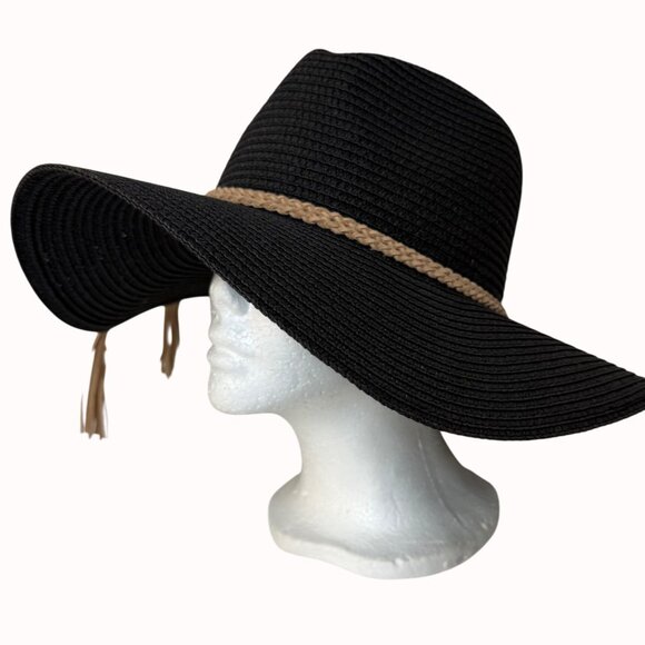 MudPie Wide Brim Sun Hat Boho Floppy Black Braided Band Tassels Beach Cruise main image 10